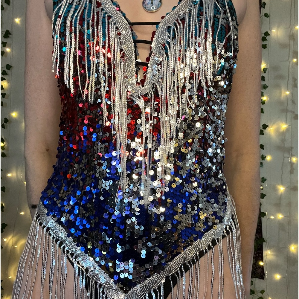 Fringe Sequin Bodysuit, red white and blue